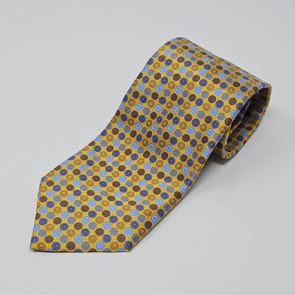 Ermenegildo Zegna Tie Mens Yellow Geometric Medallion Silk Made in Italy